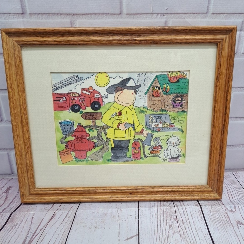 VTG Fireman Cartoon 5x7 Print GAY ZURICH 1990 Framed Matted